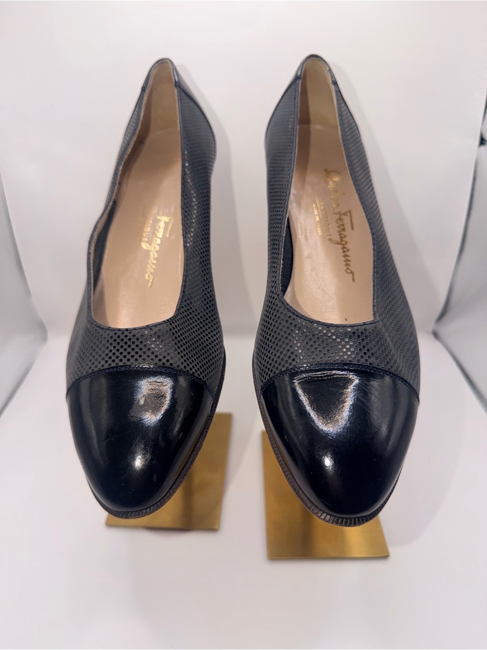 Salvatore Ferragamo Black Perforated Leather Cap-Toe Flats